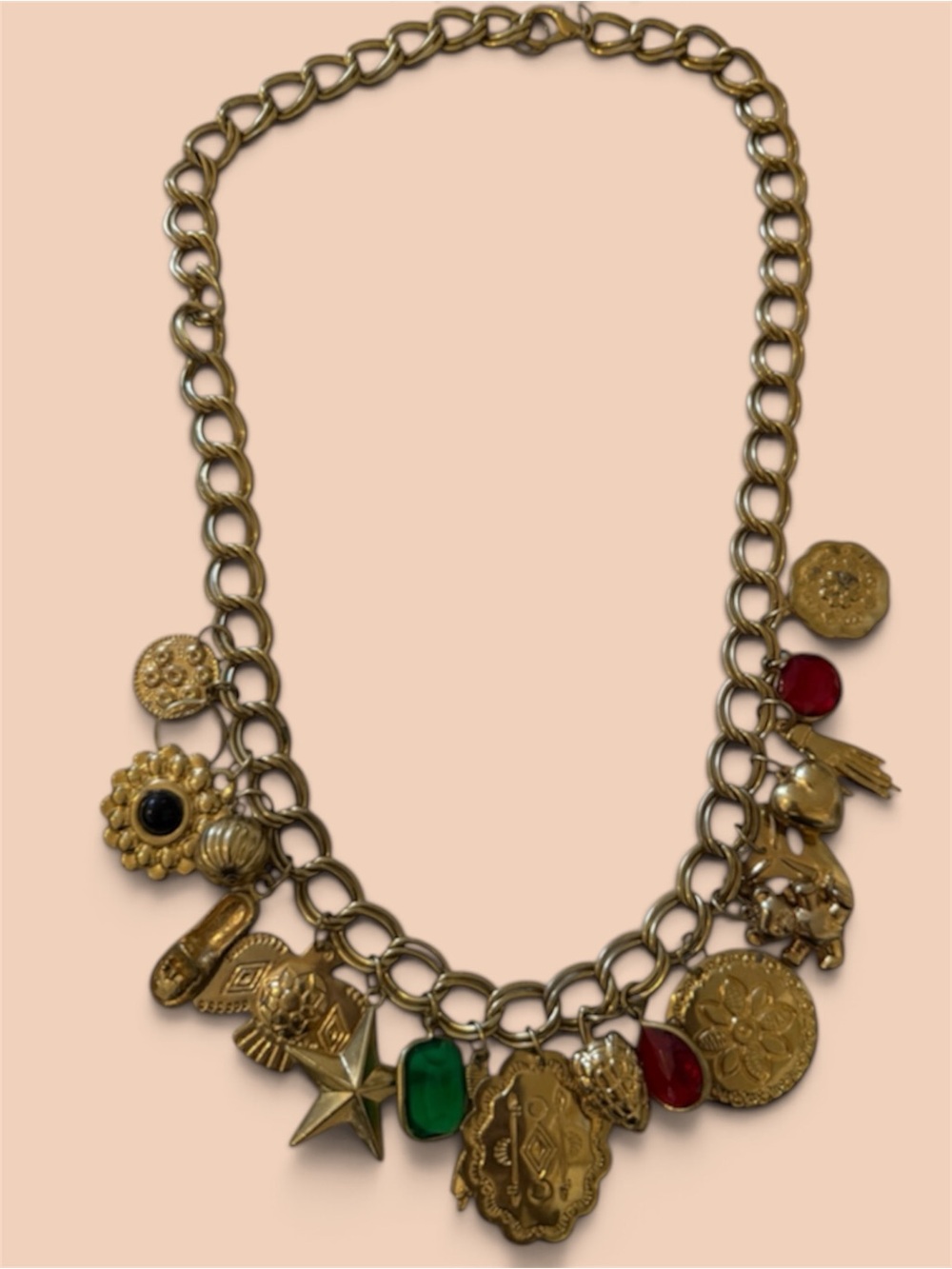 Vintage Statement Charm Necklace Gold Tone Chunky Chain